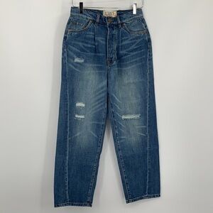 Sandrine Rose wide leg high rise pleated denim jeans distressed blue new 28